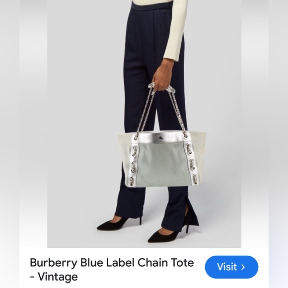 Burberry Blue Label Tote Shoulder Bag Tweed Leather Chain Strap Japan Exclusive - Picture 3 of 17